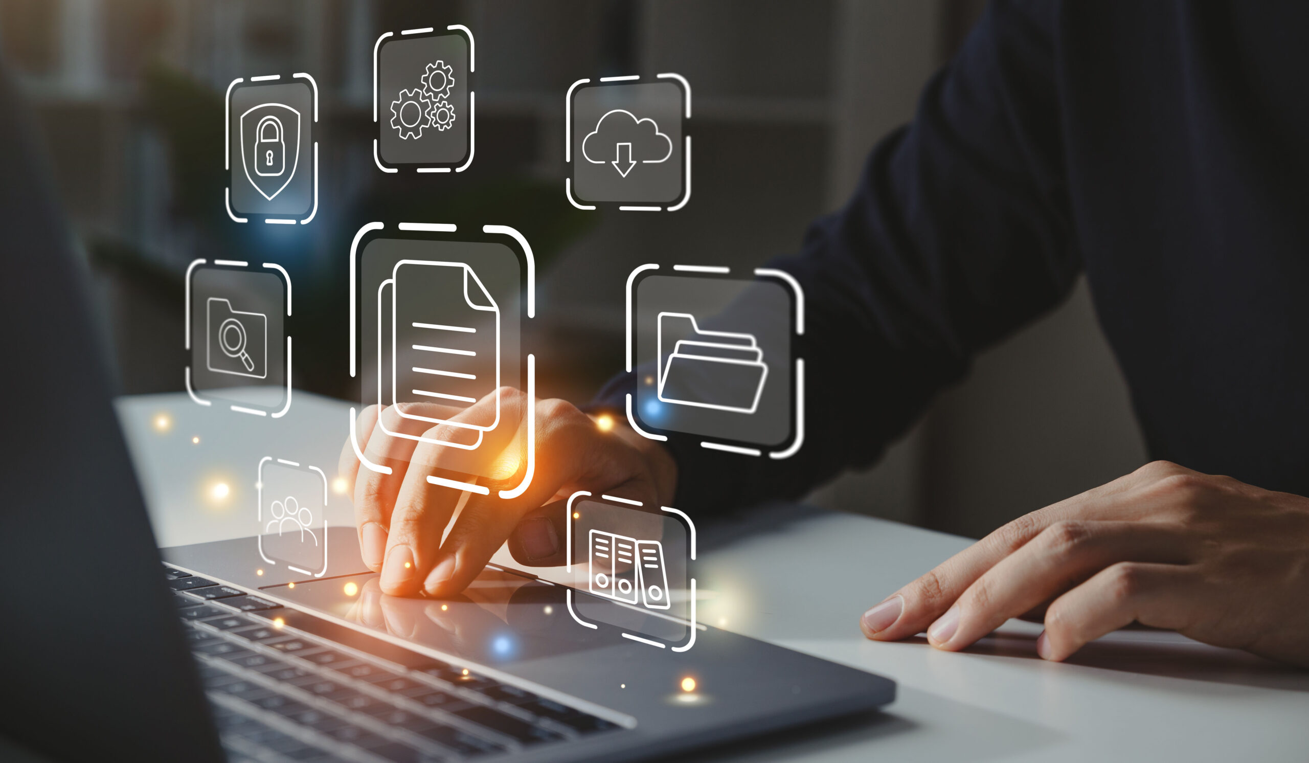 Businessman working on laptop with document management icon, Online document file management, database technology concept.